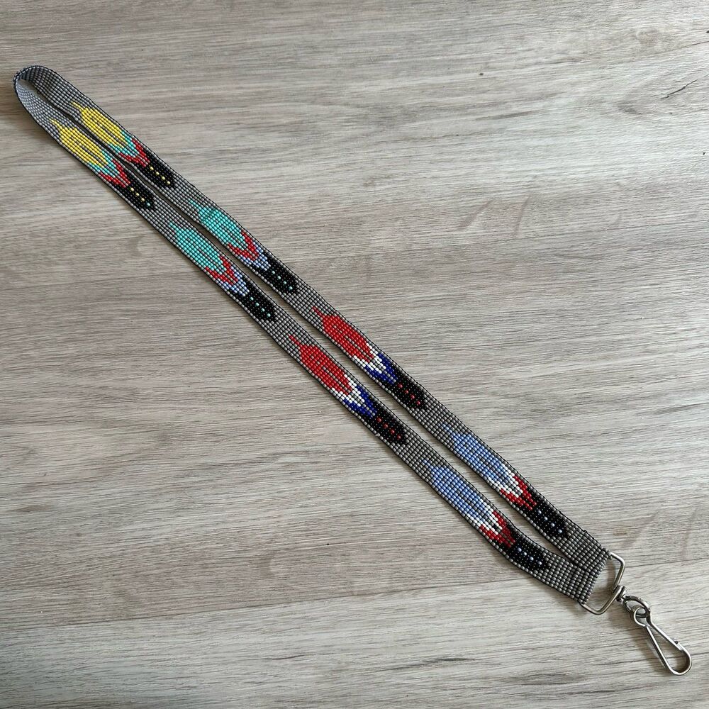 Handmade Beaded Lanyard with Colorful Feather Look Pattern